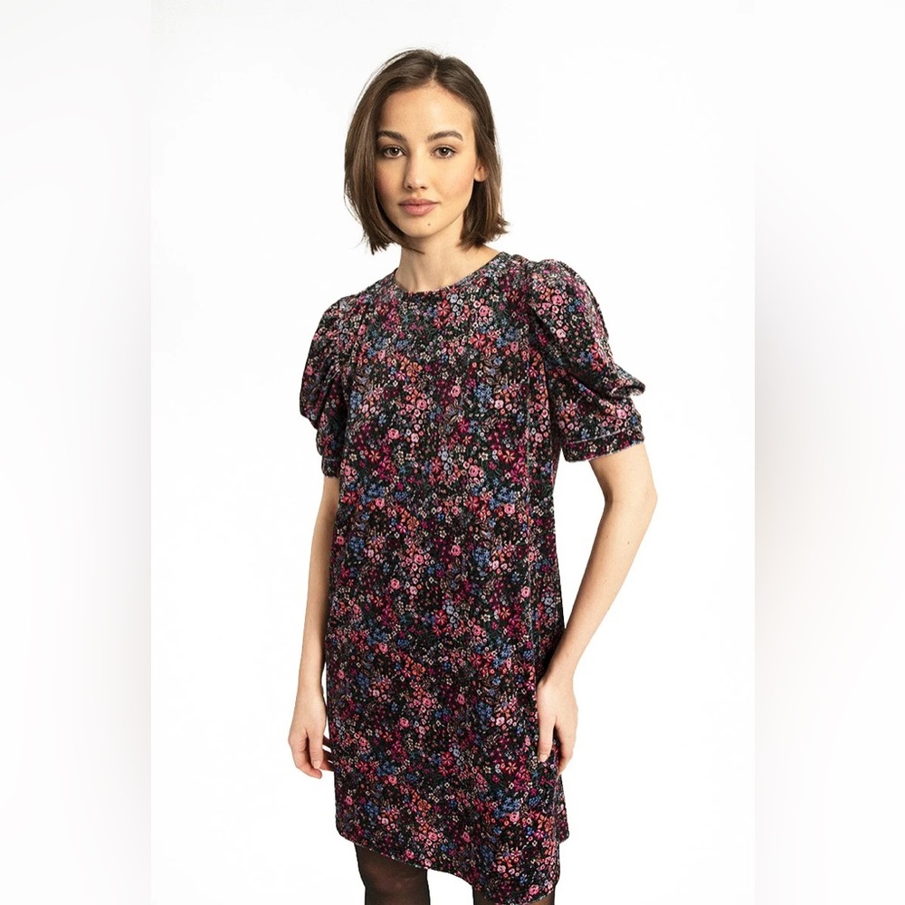 Molly Bracken dress mini floral print velvet with short balloon sleeves velour